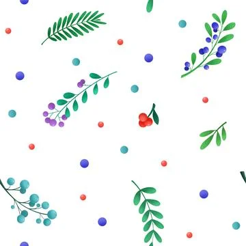Natural seamless pattern. Leaves, branches and berries of different plants Stock Illustration