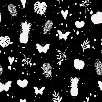Natural seamless pattern with palm leaves, monstera, branch, butterflies. Stock Illustration