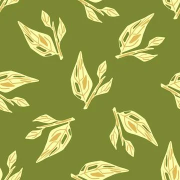 Natural seamless pattern with simple doodle yellow leaves ornament on green b 스톡 일러스트