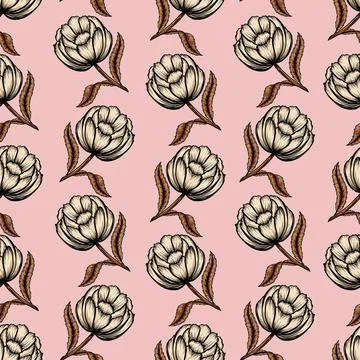 Natural seamless pattern with tender peony pink ink flowers hand drawn Stock Illustration