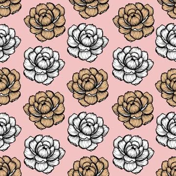Natural seamless pattern with tender peony pink ink flowers hand drawn Stock Illustration