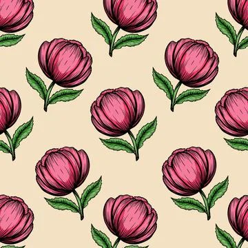 Natural seamless pattern with tender peony pink ink flowers hand drawn Stock Illustration