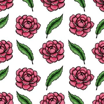 Natural seamless pattern with tender peony pink ink flowers hand drawn with Stock Illustration