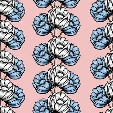 Natural seamless pattern with tender peony pink ink flowers hand drawn Stock Illustration