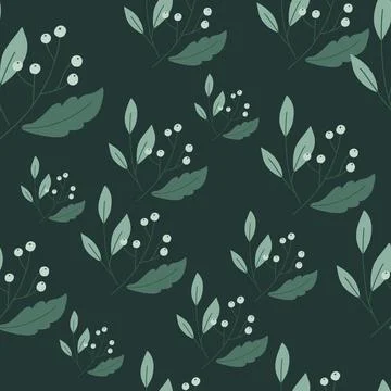 Natural seamless pattern with wild berries and foliage ornament. Dark backgro Stock Illustration