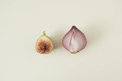 Natural seasonal minimal layout with autumn fig and purple onion.  Flat lay,  Stock Photos