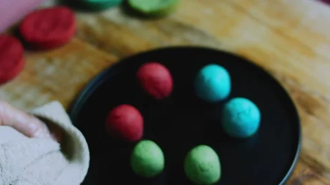 Natural serving sequence of colored cookie pieces arranged for assembly Stock Footage 342155754