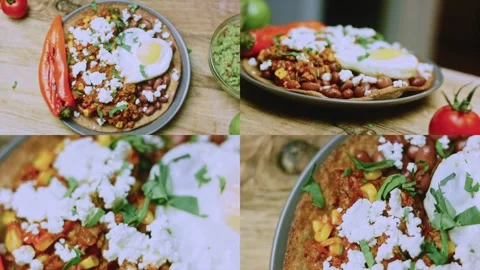 Natural serving view of beans tortilla and ranchero sauce in split screen Video stock 342153174