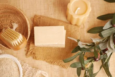 Natural soap and aromatherapy elements for self-care Stock Photos