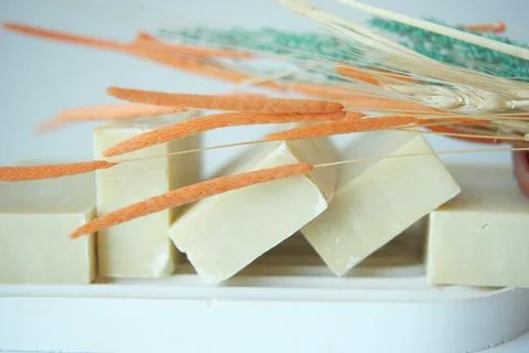 Natural soap bar on table Stock Photos