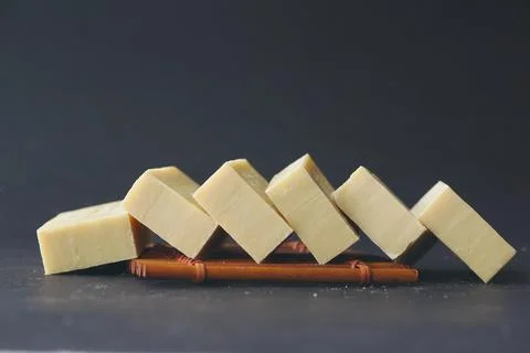 Natural soap bar on table 스톡 사진