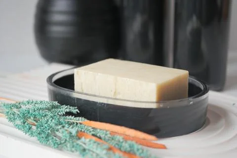 Natural soap bar on table Stock Photos