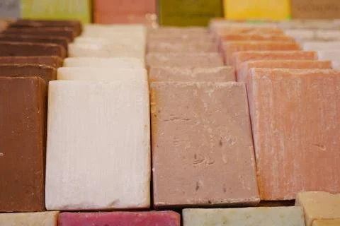 Natural soap bar on table 스톡 사진
