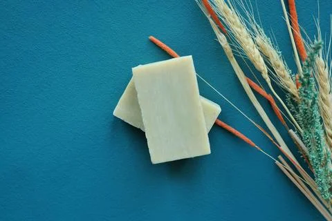 Natural soap bar on table 스톡 사진