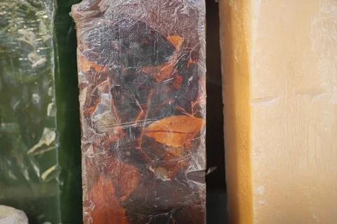 Natural soap bar on table 스톡 사진