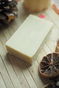 Natural soap bar on table 스톡 사진