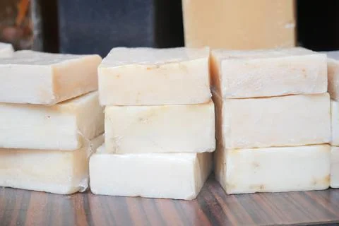 Natural soap bar on table Stock Photos