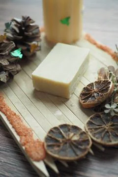 Natural soap bar on table 스톡 사진