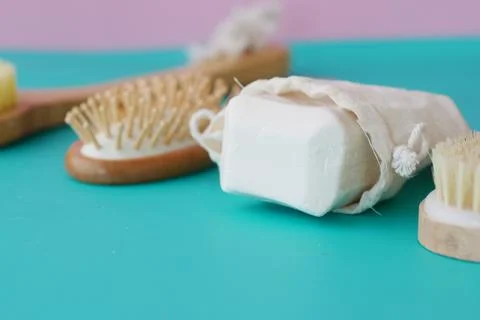 Natural soap bar on table 스톡 사진