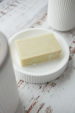 Natural soap bar on table 스톡 사진