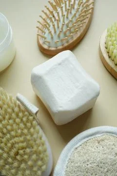 Natural soap bar on table Stock Photos