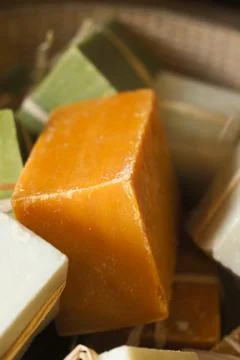 Natural soap bar on table Stock Photos