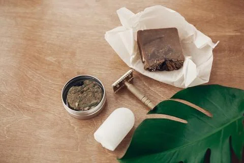 Natural soap, solid shampoo in metal tin, reusable razor, crystal eco deodora 스톡 사진
