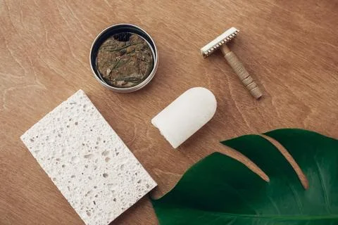 Natural soap, solid shampoo in metal tin, reusable razor, crystal eco deodora 写真素材