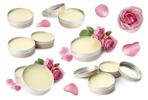Natural solid perfume and roses isolated on white, collage Fotos Stock