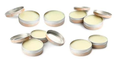 Natural solid perfume isolated on white, collage Fotos Stock