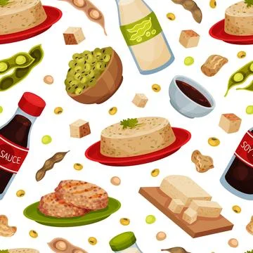Natural Soy Products Seamless Pattern with Soy Bean, Tofu and Sauce Vector Stock Illustration