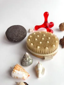 Natural spa essentials. Sea shells, pumice stone, massage brush, and red Stock Photos