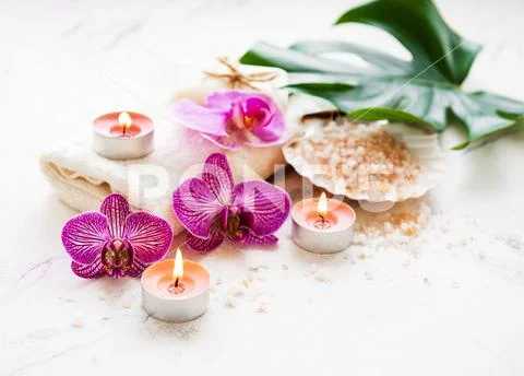 Natural spa ingredients with orchid flowers Stock Photos
