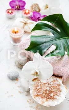 Natural spa ingredients with orchid flowers Stock Photos