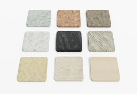 Natural stone samples with various texture options. 3D illustration Illustrazione stock