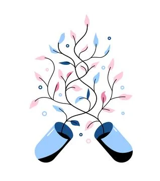 Natural supplements concept vector illustration. Open capsule with blue pink  Stock Illustration