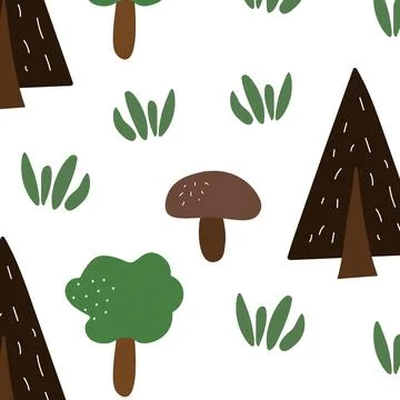 Natural trees doodle pattern in summer style with mushroom and grass. Stock Illustration