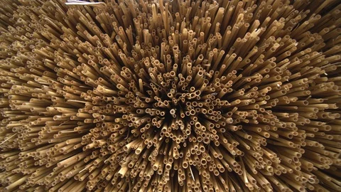 Natural tubes of straw in cross section on trimmed edge of thatched roof Видео 105776853