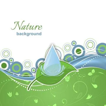 Natural vector background with green leaf and water drop. Stock Illustration