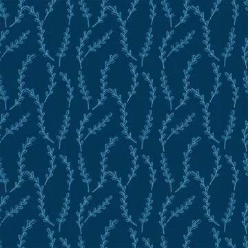 Natural vector seamless pattern branch light blue elements on dark background Stock Illustration