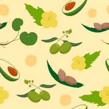 Natural vegan seamless pattern. Halves of green avocado with brown seed nuts on Stock Illustration