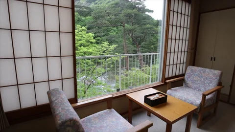 Natural view from hot spring guest house in Japanese style room in Kinugawa Stock Footage 253452899