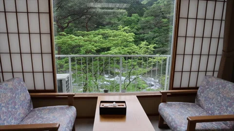 Natural view from hot spring guest house in Japanese style room in Kinugawa Stock Footage 253455541