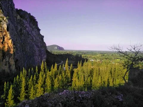 Natural view of mountains, cliffs, pine trees and sky in Thailand. Stock Photos