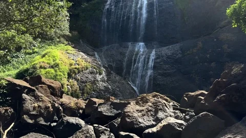 Natural Waterfall Flowing Down Rocky Cliff into Small Pool, Static Wide Shot Stock-Footage 324769932