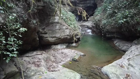 Natural waterfall in a serene forest setting surrounded by lush Stock Footage 304845178