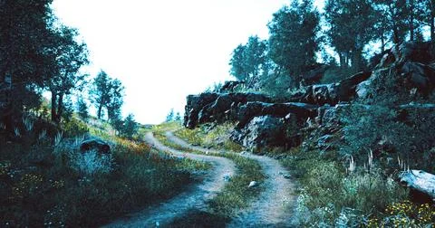 Natural winding path through lush greenery on a clear sunny day Stock Illustration