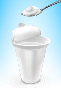 Natural yogurt in plastic packages and spoon with yogurt Stock Illustration