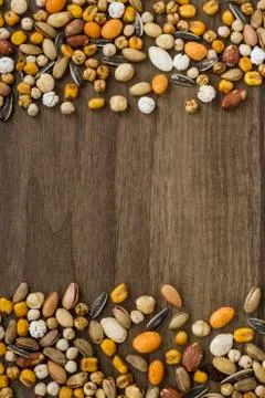 Natural,dry nuts on wooden table with copy space Stock Photos