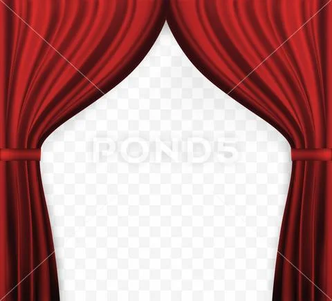 Naturalistic image of Curtain, open curtains Red color on transparent background Stock Illustration